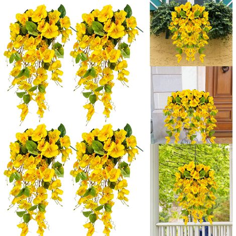 Lot de 4 fleurs artificielles d'extérieur, hibiscus, imitation d'impatiens, jardinières d'extérieur, fleurs artificielles jaunes, résistantes aux UV (1/5)