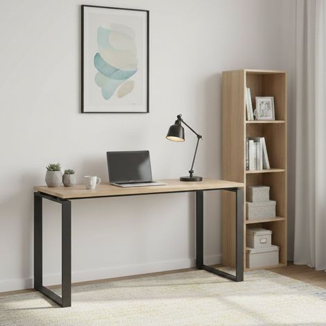 Dmora - Schreibtisch Michele, Mehrzweckschreibtisch, Bürotisch für PC, Eckschreibtisch, 150x60 h76 cm, Eiche und Grau (1/5)