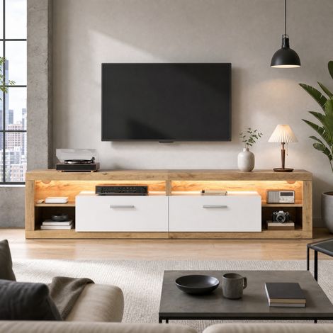 Meuble TV 180x35,5x50 cm en panneaux de bois naturel, avec rangement pour salon FloraGrace (1/5)