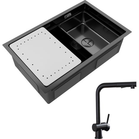 Cecipa Lavello Cucina 1 Vasca Antracite con Gocciolatoio e Vasca Lavello Incasso 70×44×21CM + Miscelatore con Doccetta Estraibile (1/5)