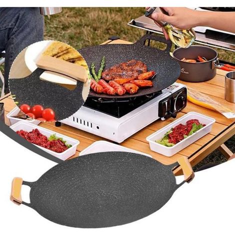 Poêle à griller plaque barbecue coréen,antiadhésif sans fumée,manche bois,plaque cuisson,30cm (1/5)