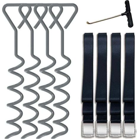 Set mit 4 robusten, spiralförmigen Trampolinstangen aus Stahl mit T-Haken für Trampoline - Bonus-Set mit 4 starken Sicherheitsgurten