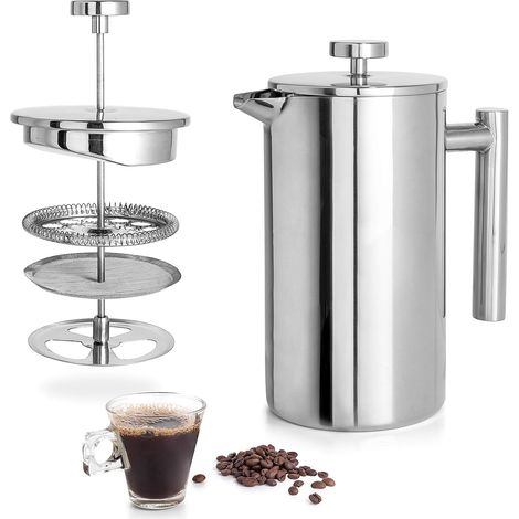 Caffettiera a pressione francese in acciaio inox, 800 ml (27 oz) (circa 765,4 g), a doppia parete isolante, facile da pulire. (1/5)