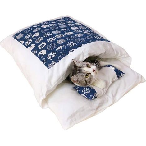 Gemütliche Haustierbetten für Katzen und Hunde, Höhlenartiger Schlafsack, Zusammenklappbares Katzenhaus, Warmes blaues Haustierbett