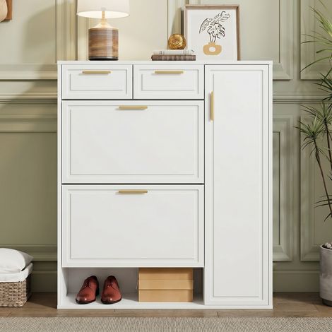 Meuble à chaussures moderne – Étagères réglables – Poignées dorées – Tiroirs, vantaux rabattables et portes – Blanc – 95 × 24 × 107 cm – Rangement compact pour entrée ou couloir