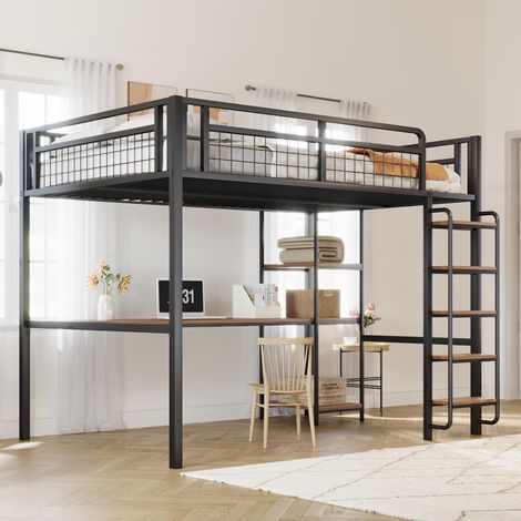 Lit mezzanine en métal 140x200cm, échelle de sécurité avec escalier, lit enfant avec table et étagère, lit junior/adulte, barrière de sécurité en grillage métallique, noir, garantie 2 ans