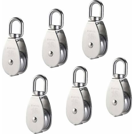 Puleggia singola M15, realizzata in acciaio inox 304, rullo da 15 mm, portata 35 kg, adatta per funi e cavi, confezione da 6 pezzi. (1/4)