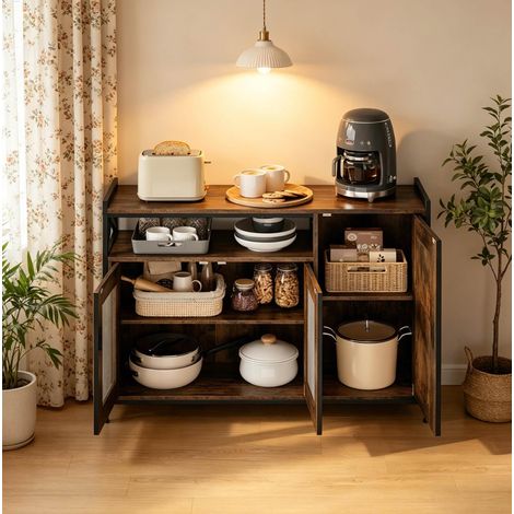 Credenza 110/33/75 cm in stile industriale, marrone rustico, con ripiani regolabili e ampio spazio contenitivo (1/5)