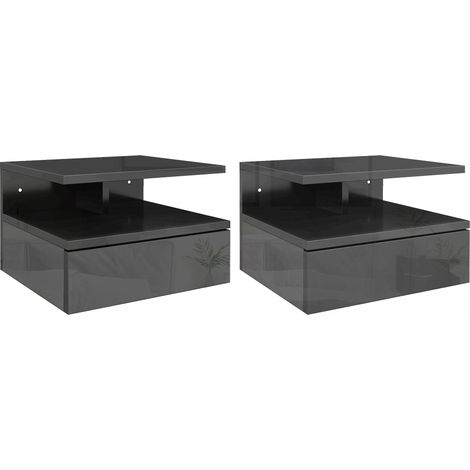 Beyamis 2er-Set moderne, schwebende Nachttische mit Schublade und Holzablage, 35 x 32 x 22,5 cm, Hochglanzschwarz