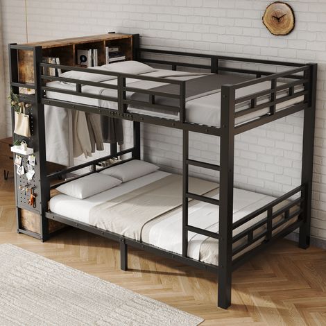 Lit superposé 120x200 cm métal noir et bois, rangement intégré pour chambre, sans matelas – MEUBLIV (1/5)