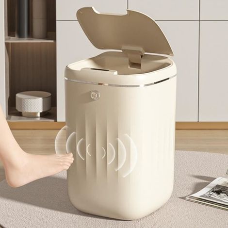 Mxzzand poubelle sans contact Poubelle automatique 20L capteur sans contact droguerie nettoyage Alimenté par batterie blanc crème (1/4)