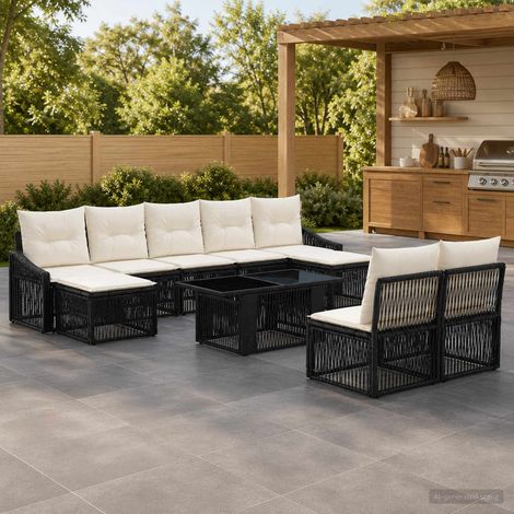 vidaXL Set Divano da Giardino 10 pz Nero e Bianco Crema polyrattan (1/5)