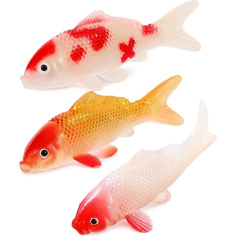 Lot de 3 figurines de poisson rouge Koi en plastique robuste - Peintes - Décoration d'aquarium pour bassin à poissons et jardins de fées (1/5)