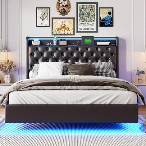 Lit 140x200cm,Lit suspendu,Lit adulte,lit coffre,LED, USB,tête de lit avec rangement,Bandes lumineuses de chevet et de,atête de lit tapissée,Cadre à lattes,PU,noir (1/5)