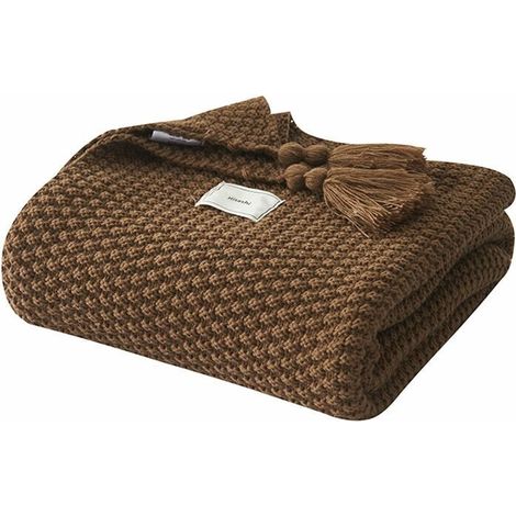 Couverture en Tricot Plaids Canapé Couvre-lit Tapis de Table Jetés de Lit Nordique Chaud Doux avec Frange Faite à la Main pour Plage Pique-Nique Toutes Saisons (Marron,130 x 170cm)