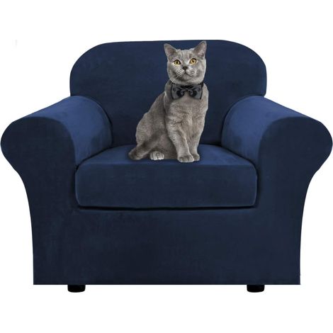 Soft stretch velvet sofa cover with separate cushion covers for 1, 2, 3 seater sofas with anti-slip strap for living room, bedroom (navy blue, 1 seater) (1/5)