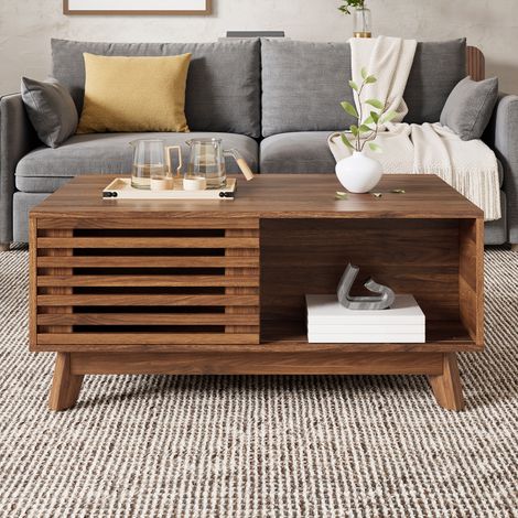 Mesa de centro 90x55x57.5 cm nogal MDF con tablero elevable y puerta corredera tipo persiana (1/5)