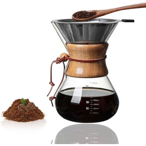 1 cafetière filtre 800 ml, manchon en bois et verre trempé, filtre permanent acier inoxydable, pour amateurs de café maison (1/5)