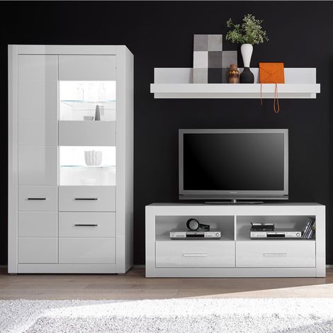 Wohnzimmer Wohnwand-Set BALVE-61 inkl. Vitrine mit LED in Hochglanz weiß BxHxT: 265x198x45cm (1/5)