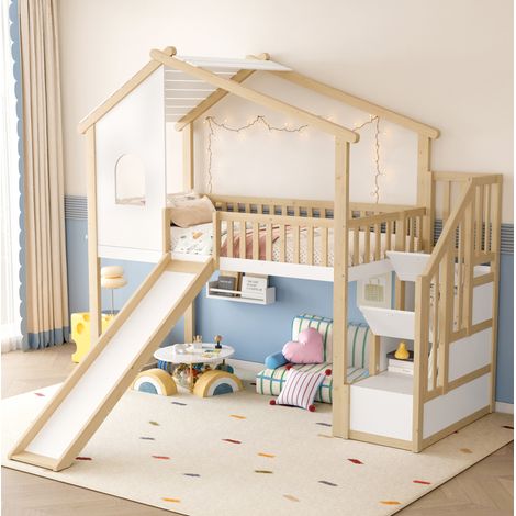 Lit mezzanine enfant en pin naturel et blanc 90x200 cm avec toboggan, échelle de rangement et barrières (1/5)