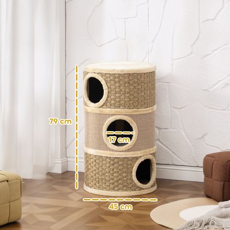Griffoir tonneau 3 niveaux, 79 cm hauteur, Ø 45 cm, sisal naturel, cabane chat, grand chat, couleurs kaki et marron, griffoir robuste pour griffer et jouer (1/5)