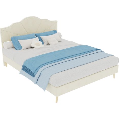 Lit 140x200 cm beige, tête de lit géométrique avec clous décoratifs, sommier robuste à lattes, style moderne pour chambre adulte, sans matelas – CHICFURN (1/5)