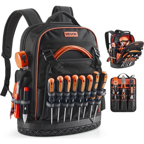 Sac à Dos à Outils, Charge 31,75 kg, Sac à Outils 36,5x19,5x47 cm avec 64 Poches, Compartiment Ordinateur Portable, Base, Organisateur à Outil Robuste pour Chantier, Électricien, Réparateur CVC (1/5)