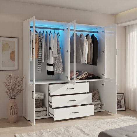 Kleiderschrank 4-türig mit Acryltüren, Drehtürenschrank mit LED-Beleuchtung, moderner Garderobenschrank mit 5 Schubladen, 160 x 182 x 51,8 cm (B/H/T), Weiß (1/5)