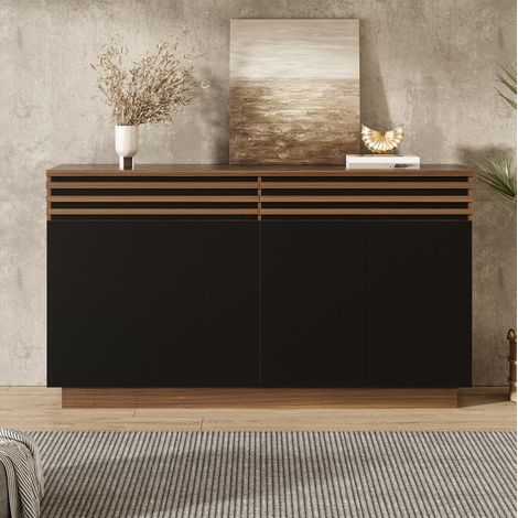 Sideboard aus MDF in Schwarz und brauner Holzoptik 150 x 40 x 85 cm, 2 Schubladen, 4 Türen, verstellbare Einlegeböden (1/5)