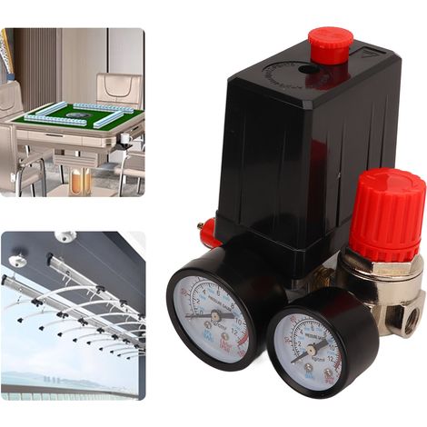 Kit d'accessoires pour compresseur d'air comprenant un support de régulation de pression à quatre voies, un ensemble de pressostat automatique et un connecteur de type européen. (1/5)