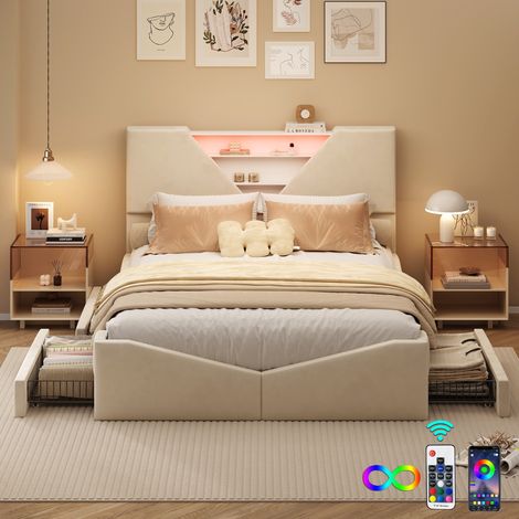 Lit double 160x200 cm, avec tête de lit triangle innovante, 4 tiroirs, éclairage LED ajustable, tissu velours, design moderne et épuré, lit 160x200 avec sommier - Beige
