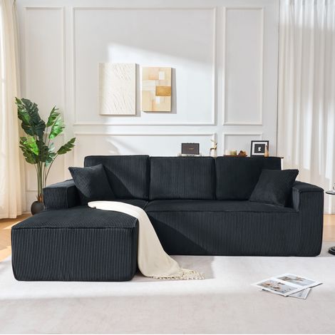 Canapé d’angle modulable en velours côtelé noir, L 235 cm, 2 places avec méridienne (1/5)