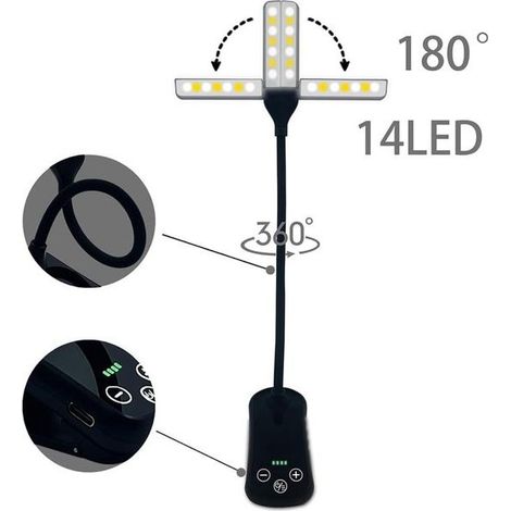 Lampe de lecture rechargeable USB à double tête, 8 niveaux de luminosité, autonomie 80 heures, avec pince, lampe de chevet noire (1/5)