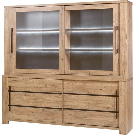 Altobuy – Buffet-vaisselier 2 portes coulissantes – Eclairage led – Aspect bois – Dimensions 230 x 48 x H89,2 cm – Style industriel (1/4)