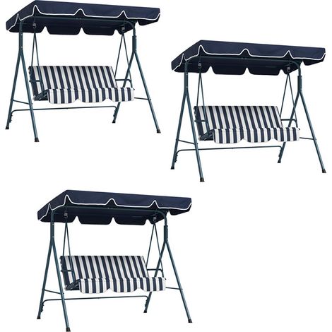 3er-Set hollywoodschaukel Gartenschaukel 3-Sitzer, wetterbeständig, verstellbares Dach, 172 x 110 x 153, Blau