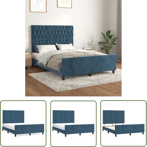 The Living Store Cadre de lit sans matelas bleu foncé 140x190 cm velours - Cadre De Lit - Lit Double - Lit Avec Têted'appui - Tête De Lit - Velours (1/5)