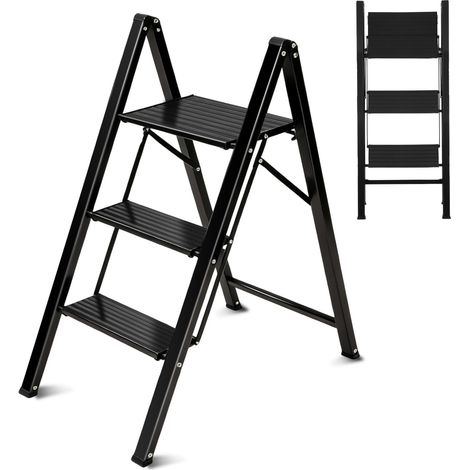 Marchepied 3 Marches Pliable Aluminium, Escabeau Escamotable Châssis Acier Marches Alu Anti-Glissantes, Ultra Léger pour Maison (1/5)
