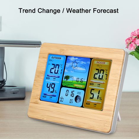 Digitale LCD-Wetterstation mit Funkfunktion, Uhr, Thermometer, Innen- und Außenluftfeuchtigkeitsanzeige (Gelb) (1/5)