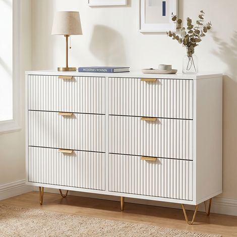 Commode à 6 Tiroirs, 100x34x73cm, avec Dispositif Anti-basculement, en Bois et Métal, Style Moderne, Blanc et Or (1/5)