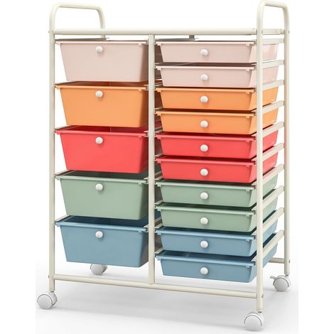 COSTWAY Chariot de Rangement 15 Tiroirs en PP Empilables Amovibles, Tour de Rangement à Roulette, Cadre en Métal, pour École, Bureau, 63x37x87cm, Coloré+Blanc (1/5)