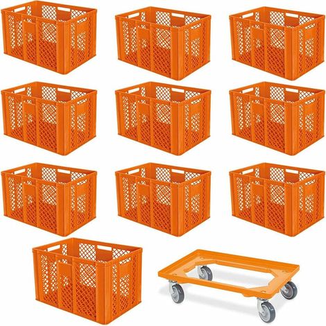 BRB 10er Spar-Set Euro-Stapelbehälter Plus Transportroller, 600x400x410 mm Industriequalität lebensmittelecht orange