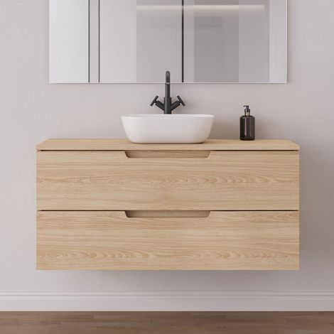 Meuble de salle de bain 120cm avec plateau et vasque à poser arrondie - 2 tiroirs - sans miroir - roble era (chêne clair) - SONRIZA (1/5)