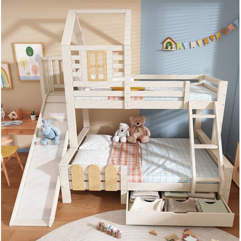 Etagenbett 90/200 & 140/200 cm weiß/natur aus Holz und MDF mit Rutsche, Schublade und Leiter (1/5)