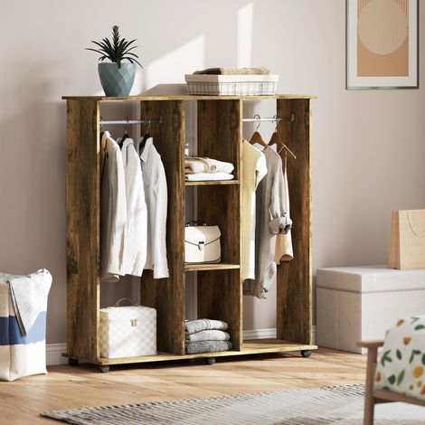 Armoire penderie meuble de rangement mobile 6 roulettes 120 x 40 x 128 cm en bois marron