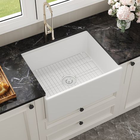 Évier de Céramique Blanc Style Ferme avec Accessoires – Poste de Travail 61cm (L) x 51cm (W) x 25cm (H) – DeerValley