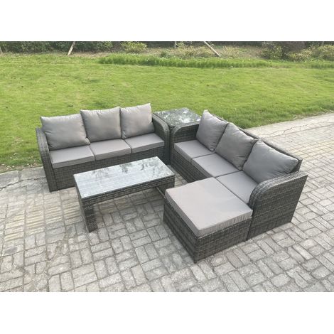 Fimous Salon de jardin avec Table basse rectangulaire Grand tabouret Canapé 3 places Table d'appoint Gris foncé mixte (1/5)