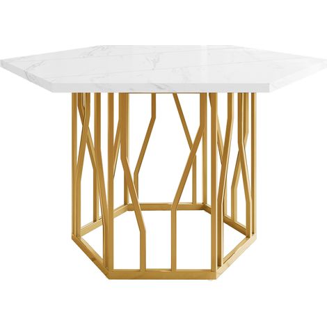 Sechseckiger Esstisch aus MDF in Weiß-Marmoroptik mit goldfarbenem Metallgestell (1/5)