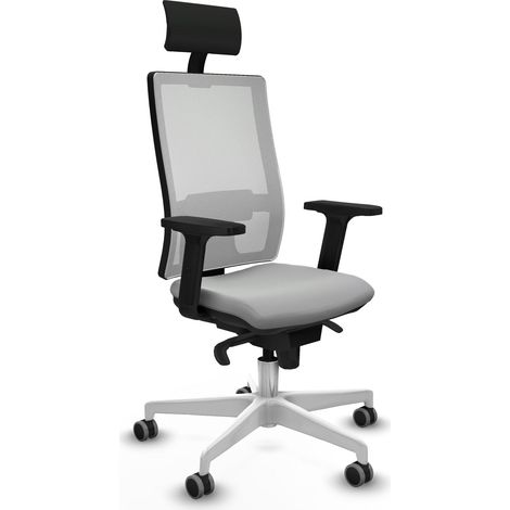 Horna sincro malla blanca similpiel gris claro brazos 2D base blanca cabecero fijo ruedas 65mm engomadas (1/5)