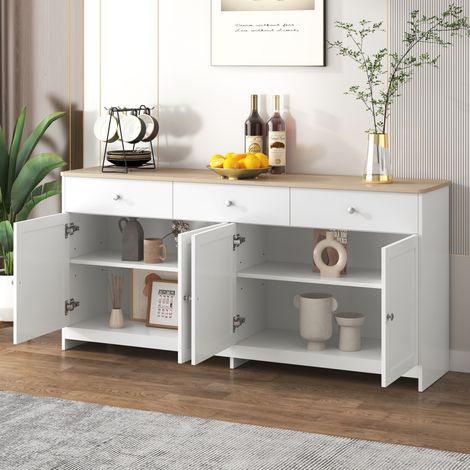 Buffet de rangement 160 x 37 x 75 cm, Commode à 4 portes et 3 tirtors, Meuble bas, Armoire Tiroirs, Buffet pour Salon, Chambre, Salle à Manger, couleur bois naturel+blanc