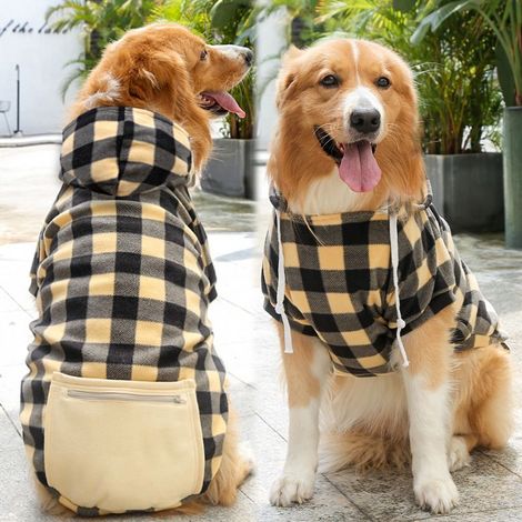 Pull-over Chien - Cape à Capuche avec Poche et Chapeau - Tissu Tartan en Polyester - Doublure Polaire - Pour Chiens Tailles S et M - 1 Pièce (1/5)